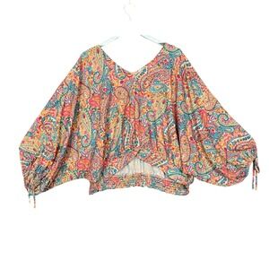 Umgee Womens Top Pink Paisley‎ Print V Neck Balloon Sleeve Smocked Waist Blouse